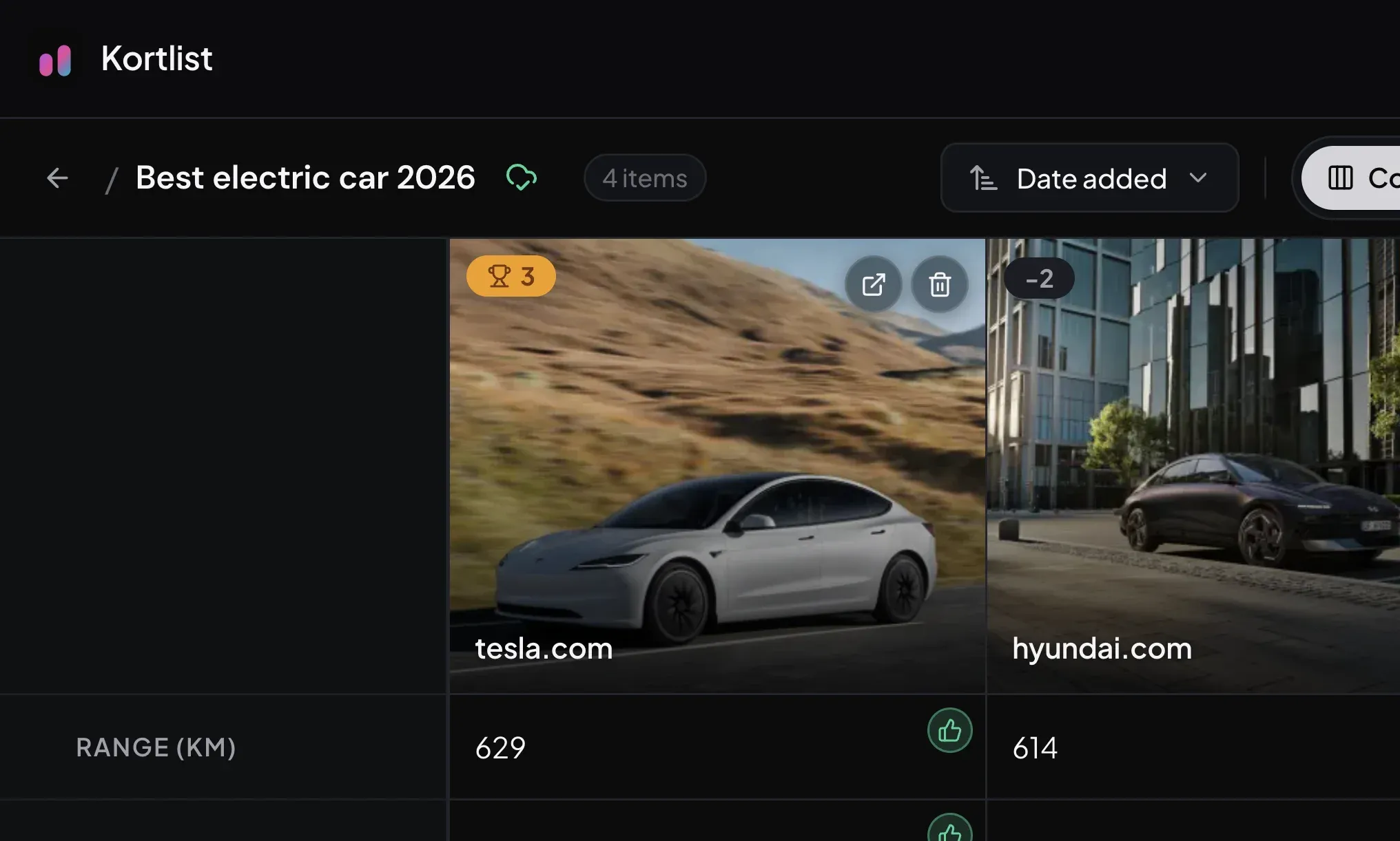 Kortlist board header showing the title 'Best electric car 2026' with a small green cloud icon next to it, indicating the board is synced.