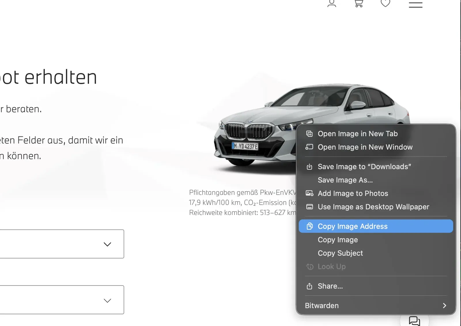 Safari right-click menu over a BMW product image, with 'Copy Image Address' highlighted.