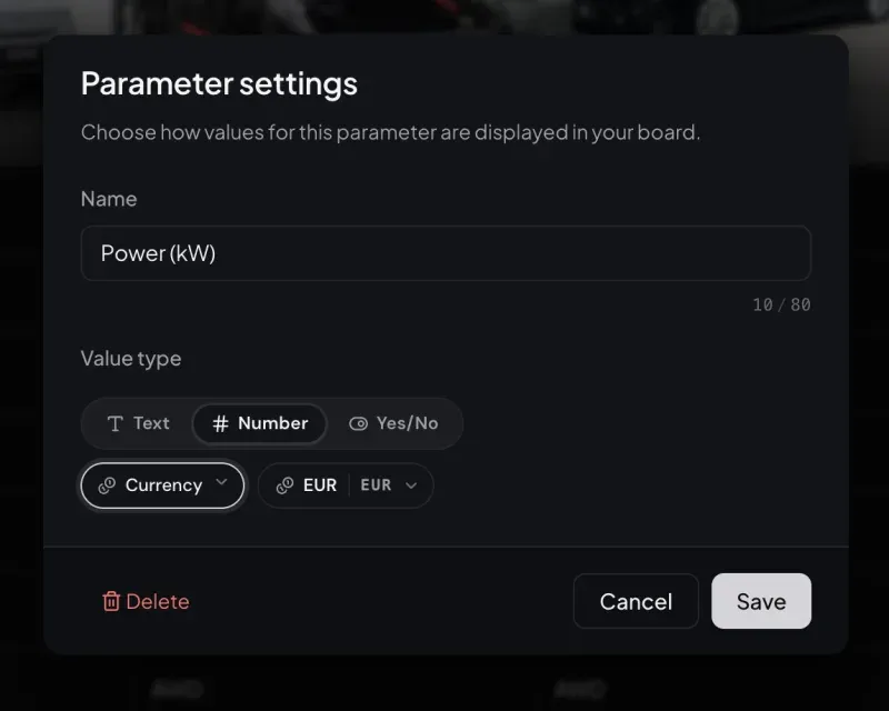 Kortlist parameter settings dialog showing the Number value type selected with a Currency sub-format set to EUR.