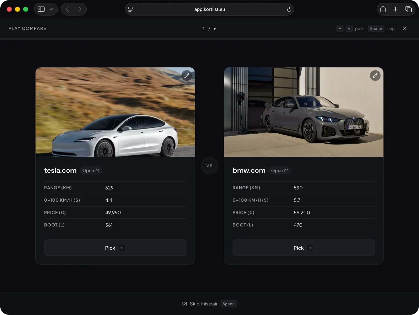 Kortlist's PlayCompare overlay showing two electric cars side by side, with their spec tables and Pick buttons — round 1 of 6.