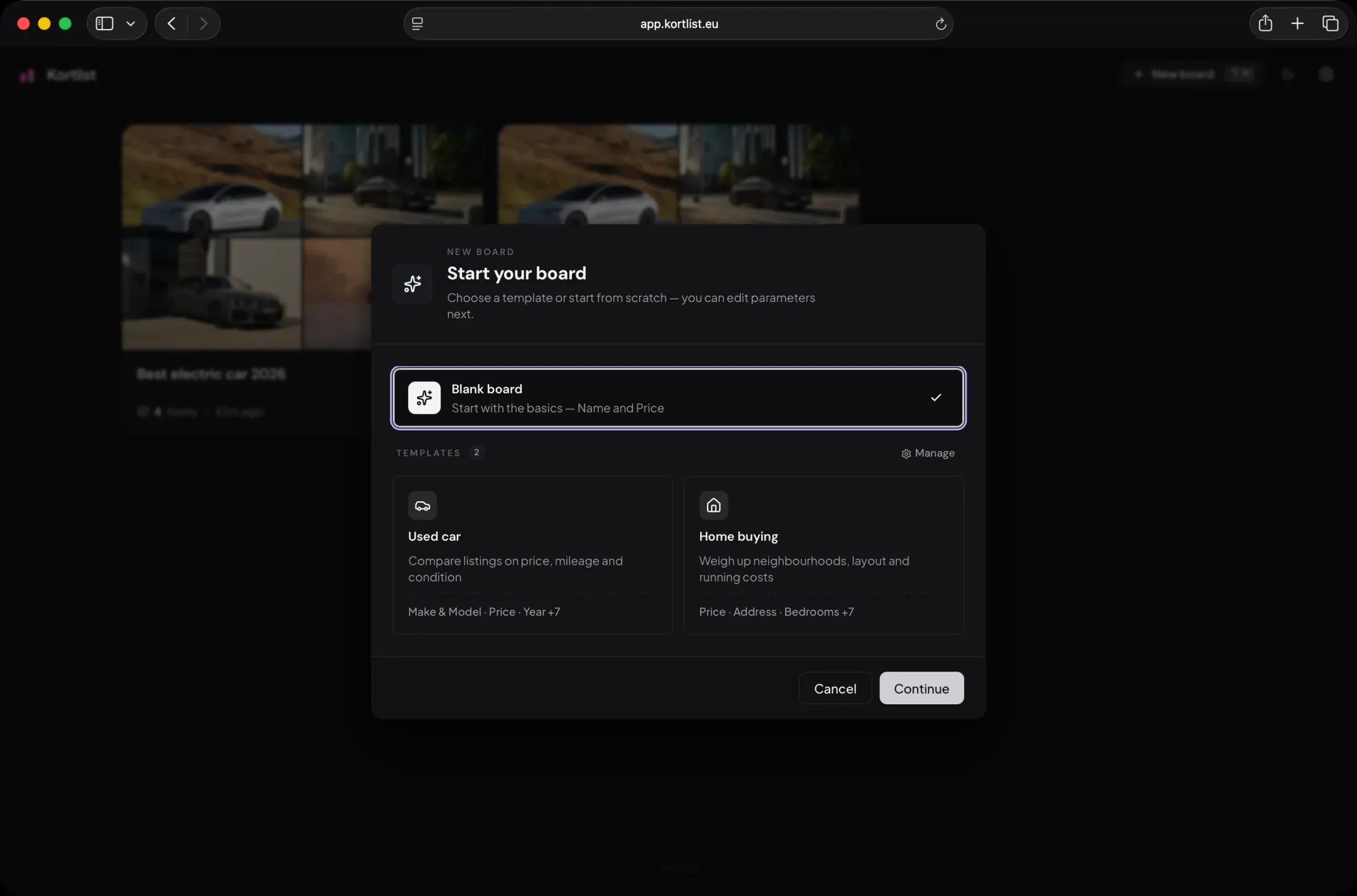 Kortlist Settings page on the Templates tab. A 'Saved templates' card lists 'Best electric car 2026 template' with a summary reading 'Range (km) · 0-100 km/h (s) · Price …' and a 'New template' button in the top right.